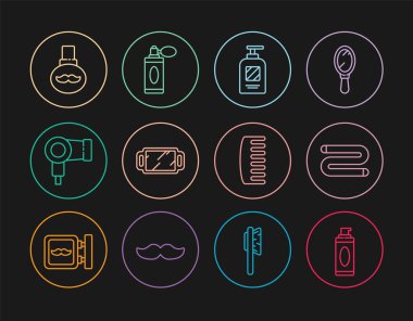 Jel traş köpüğü, şampuan, el aynası, saç kurutma, bıyık, yağ şişesi, saç fırçası ve tıraş losyonu. Vektör.