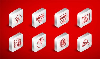 Hat büyüteç ve teçhizat koruma monitörünü parola tarayıcı ünlem işareti sunucu kalkanı Cloud bilgisayar kilidi insan kafası ve güvenlik simgesi ile ayarla. Vektör.