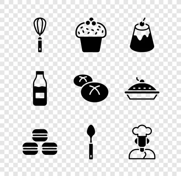 设置厨房威士忌蛋糕布丁奶油马卡隆饼干勺子锅与牛奶和面包面包图标 — 图库矢量图片