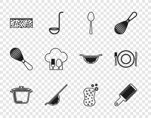 用泡沫大厨帽叉勺和盘子小刀图标 把平底锅放在平底锅里 — 图库矢量图片