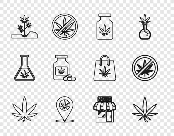 设置路线大麻或大麻叶医疗瓶与大麻定位和种植商店和停止图标 — 图库矢量图片