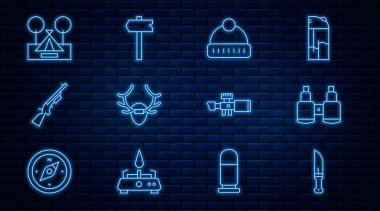 Avcı bıçağı dürbünü, Geyik boynuzlarını kalkan Shotgun çadırı, keskin nişancı optik görüşü ve trafik işareti simgesine yerleştir. Vektör.