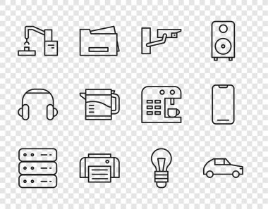 Hat Server Data Web Ev Sahipliği Araba Güvenlik Kamerası Yazıcı Robotik Robot Kol Fabrikası Elektrik Kettle Ampulü ve Akıllı Telefon ikonu. Vektör.