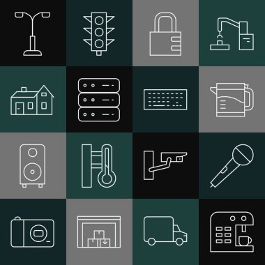 Hat hattı kahve makinesini mikrofon elektrikli su ısıtıcısı güvenli kilit sunucu veri web sunucusu sokak lambası ve klavye simgesini ayarla. Vektör.