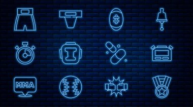 Amerikan Futbol Saati Madalyası Boks kaskı kısa vitamin hapı ve kasık koruma ikonu. Vektör.