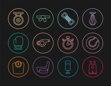 Sıralı Güreş atleti Tenis topu Göğüs genişletici Whistle Boks eldiveni Gong Kol Saati ve Siyah Karate Kemeri ikonu. Vektör.