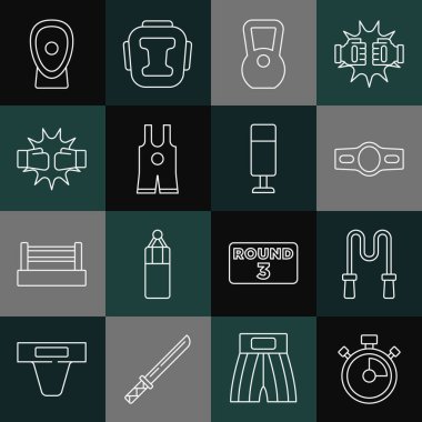 Sırayı bozmayın. Zıplama halatı, boks kemeri, kettlebell güreşi, yumruk yumruğu, boks eldiveni, kum torbası ikonu. Vektör.