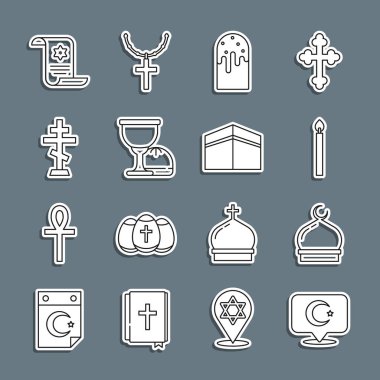 Yıldız ve Hilal Müslüman camii mum yakıyor Paskalya pastası Kutsal Kase veya Hıristiyan haçı Tevrat parşömeni ve Kabe camisi ikonu. Vektör.