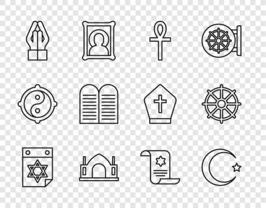 Yahudi takvimi Yıldız ve Hilal Haçı Ankh Hindu ruhani tapınağı Eller dua pozisyonu Tevrat parşömeni ve Dharma tekerlek ikonu. Vektör.
