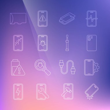 Şok geçirmez telefon tamir servisi Smartphone Glass ekran koruyucu sistem böcek mobil mobil hattını kırık Micro SD hafıza kartı ve tornavida simgesiyle ayarla. Vektör.