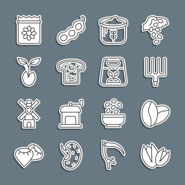 Fıstık fıstığı, kahve çekirdeği, yaba unu, un ekmeği, filizli ekmek, tam tohum, bitki ve ikon. Vektör.