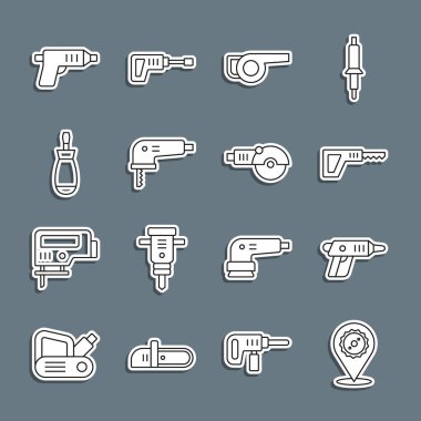 Kablosuz elektrikli elektrikli testereli elektrikli tornavida, Yaprak bahçe üfleyici, tornavida ve Angle öğütücü simgesini ayarla. Vektör.