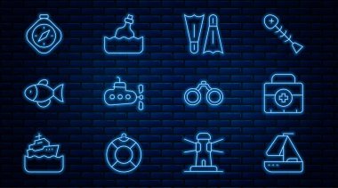 Denizaltı Balık Pusula Dürbünü ve su ikonuyla yüzmek için Yat yelkenlisi ilk yardım çantası yüzgeçlerini ayarlayın. Vektör.