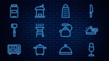 Izgara ızgara ızgara ızgara ızgarası reçel kavanozu, çaydanlık sapı ve manuel kahve öğütücü ikonu ile kaplanmış şarap kadehini ayarlayın. Vektör.