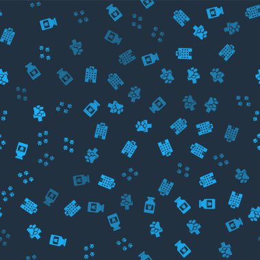 Köpek ilacı şişesi, veteriner hastanesi, klinik ve pati izlerini kusursuz desenlere ayarlayın. Vektör.