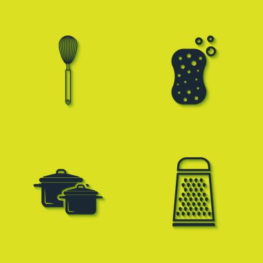 Mutfak çırpıcısını, Grater 'ı, Tencereyi ve Süngeri köpük ikonuyla ayarla. Vektör.