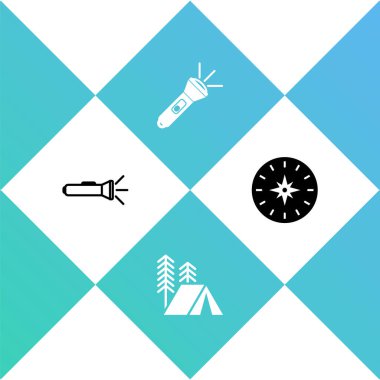 El feneri, turizm çadırı ve pusula simgesi kur. Vektör.