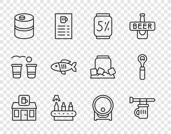 以玻璃杯啤酒制作的啤酒店标志板设置线存储库可以传送带金属桶干鱼木桶架和开瓶器图标 — 图库矢量图片