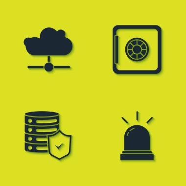 Ağ bulut bağlantısını, hareket sensörünü, sunucuyu kalkan ve güvenli simgeyle ayarla. Vektör.
