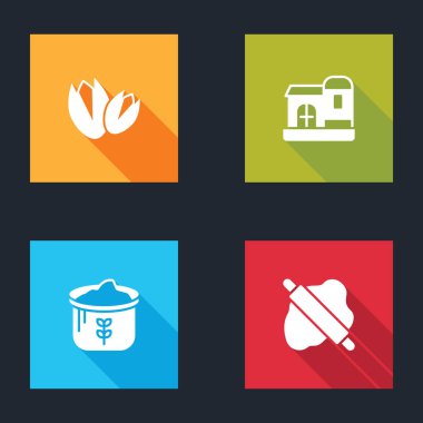 Fıstık ezmesi, çiftlik evi, un torbası ve hamur ikonu. Vektör.