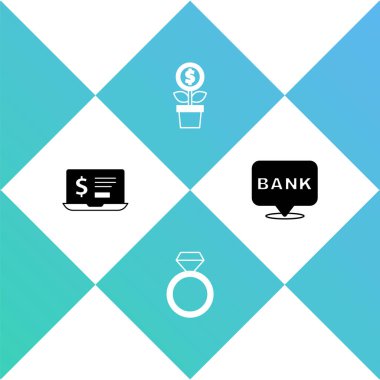Bilgisayarı dolar, elmas nişan yüzüğü, dolar fabrikası ve banka binası ikonu ile donatın. Vektör.