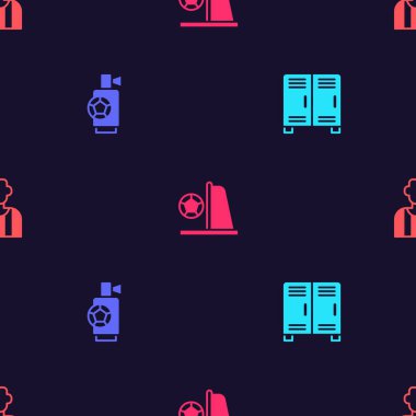 Dolap ya da soyunma odası, hava kornası, futbol topu ve futbol hakemi ile kusursuz bir şablon. Vektör.