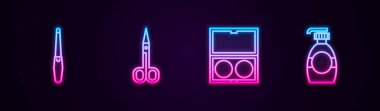 Çivi dosyası, makas, aynalı makyaj tozu ve bir şişe sıvı sabun hazırla. Parlayan neon ikonu. Vektör.