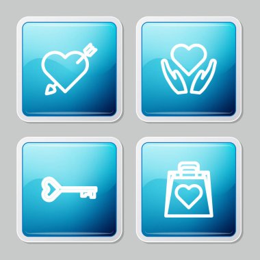 Amour 'u kalp ve okla, kalbi elinde, anahtar şekli ve alışveriş poşeti ikonu ile ayarla. Vektör.