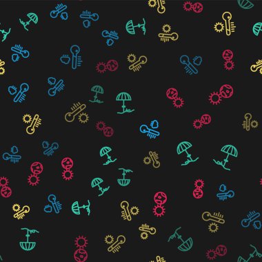 Meteoroloji termometresi, plaj için güneş koruyucu şemsiyesi ve Dünya küresi ve güneşi pürüzsüz desene ayarlayın. Vektör.