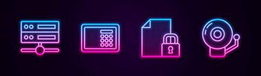 Satır Server, Data, Web Sunuculuğu, Güvenli, Belge ve Kilit ve Alarm Çanı. Parlayan neon ikonu. Vektör.