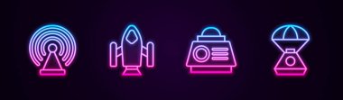 Radar, Roket gemisi, uzay kapsülü ve... Parlayan neon ikonu. Vektör.