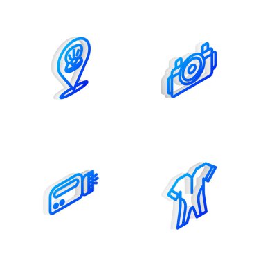 Dalgıç, dalgıç deniz kabuğu, fener ve dalgıç giysisi dalgıç ikonu için Isometric hattı fotoğraf makinesini ayarlayın. Vektör.