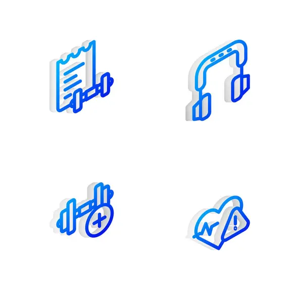 Set Isometrisk Linje Hörlurar Sport Träningsprogram Hantel Och Pulsikon Vektor — Stock vektor