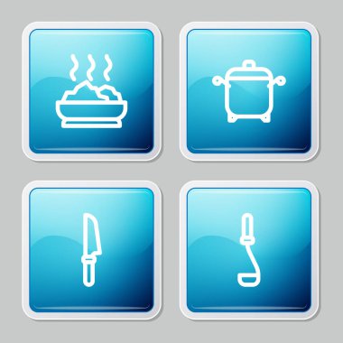 Sıcak çorba kasesi yemek pişirme bıçağı ve mutfak kepçesi ikonu. Vektör.