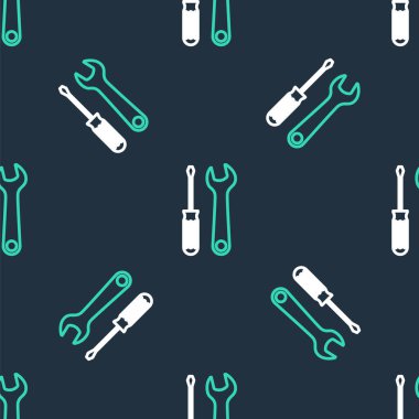 Çizgi tornavida ve anahtar araçları simgesi siyah arkaplanda izole edilmiş pürüzsüz desen. Servis aracı sembolü. Vektör