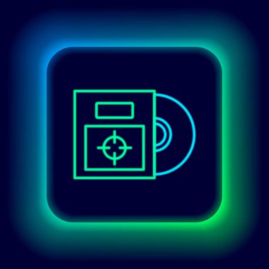 Parlayan neon satırlı CD veya kutu simgesindeki DVD diski siyah arkaplanda izole edildi. Küçük disk işareti. Renkli taslak konsepti. Vektör