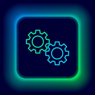 Parlayan neon çizgi ikonu siyah arkaplanda izole edildi. Çarklı teçhizat ayarları. İşçi sembolü. Renkli taslak konsepti. Vektör