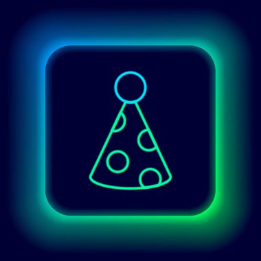 Parlayan neon hattı Parti şapka simgesi siyah arkaplanda izole edildi. Doğum günü şapkası. Renkli taslak konsepti. Vektör