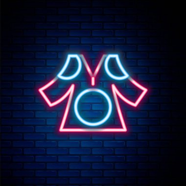 Parlayan neon hattı Kimono simgesi tuğla duvar arkasında izole edildi. Çinliler, Japonlar, Koreliler, Vietnamlılar, milli kostümler ve kimono giyiyorlar. Geleneksel Asya kostümleri. Renkli taslak konsepti. Vektör