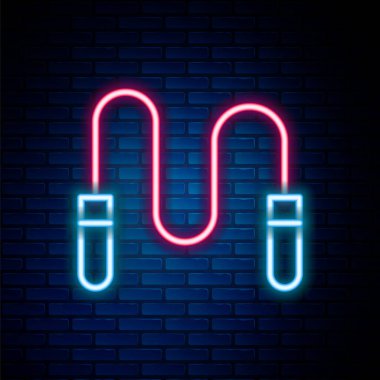 Parlayan neon hattı duvarın arkasında izole edilmiş ip atlama simgesi. İp atlıyorum. Spor malzemeleri. Renkli taslak konsepti. Vektör