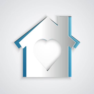 Kağıt kesiği, gri arka planda kalp ikonu olan House. Aşk ev sembolü. Aile, emlak ve gayrimenkul. Kağıt sanatı tarzı. Vektör..
