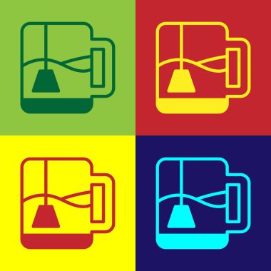 Çay poşeti ikonlu çay fincanı renkli arka planda izole edilmiş. Vektör.