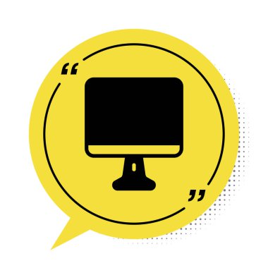 Siyah Bilgisayar ekran simgesi beyaz arkaplanda izole edildi. Elektronik cihaz. Ön manzara. Sarı konuşma balonu sembolü. Vektör.