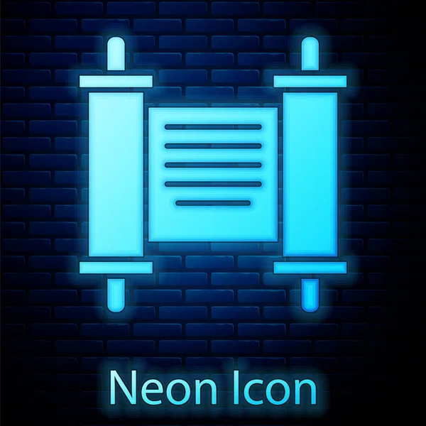 Gloeiende Neon Decreet Papier Perkament Scroll Pictogram Geïsoleerd Baksteen Muur — Stockvector