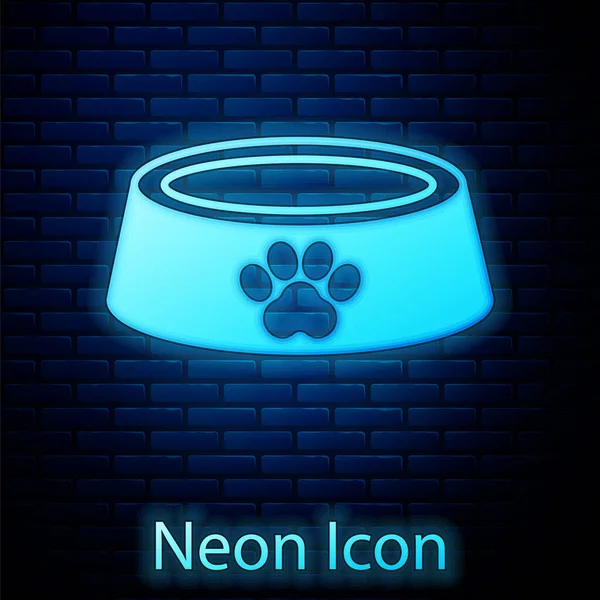 Glowing Neon Pet Food Bowl Cat Dog Icon Isolated Brick — Stock Vector