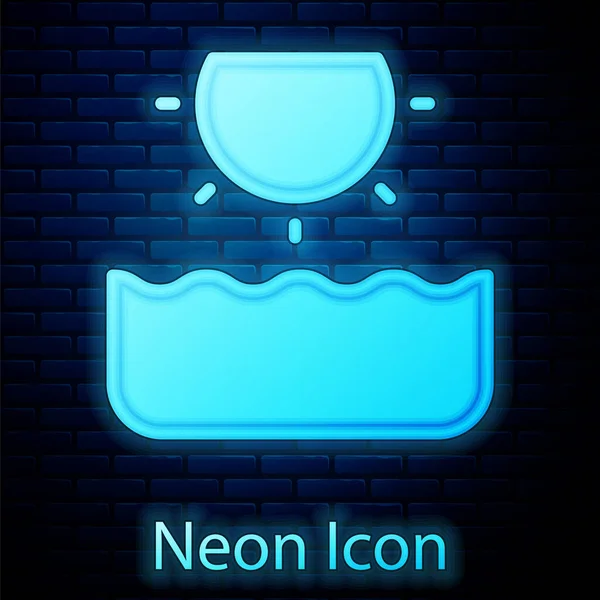 Gloeiende Neon Zon Pictogram Geïsoleerd Bakstenen Muur Achtergrond Vector — Stockvector