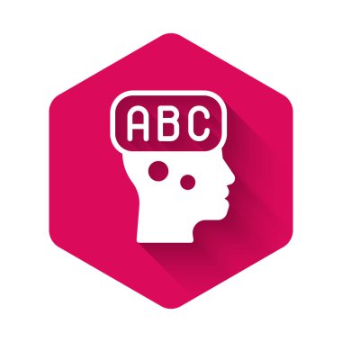 Beyaz Öğrenme Yabancı Diller simgesi uzun gölge arkaplan izole. Pembe altıgen düğmesi. Vektör.