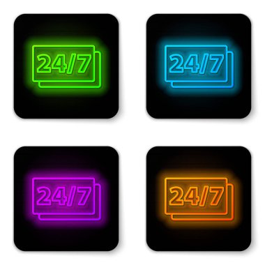 Parlayan neon hattı Clock 24 saat simgesi beyaz arkaplanda izole edildi. Tüm gün döngü simgesi. 24 saat hizmet sembolü. Siyah kare düğme. Vektör.