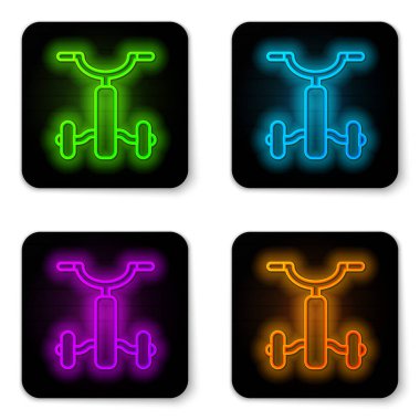 Beyaz arka planda izole edilmiş çocuk simgesi için parlayan neon hat bisikleti. Siyah kare düğme. Vektör.