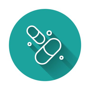 Uzun gölgeli beyaz çizgi haplı kapsül ikonu vitamin kompleksi. Sağlıklı bir yaşam tarzı. Yeşil daire düğmesi. Vektör.